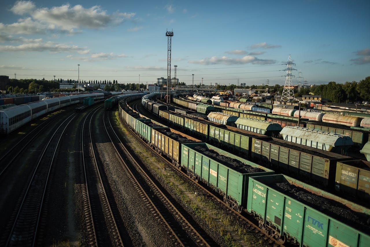 Industrial freight trains in Kaliningrad, showcasing logistics and transportation sector.